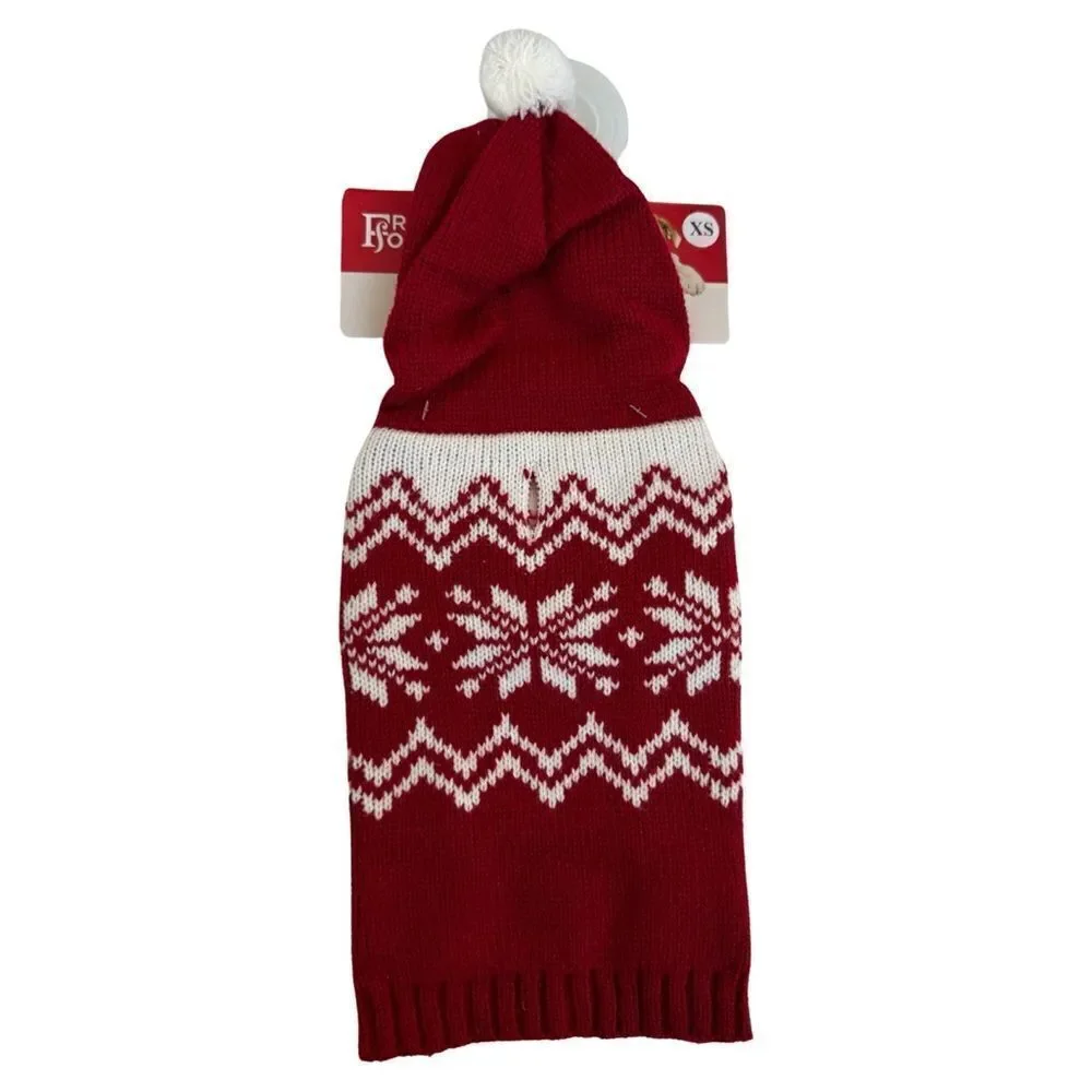 Friends Forever Knit Pet Holiday Snowflake Red White Ugly Sweater Hooded Pom NWT - Picture 2 of 9